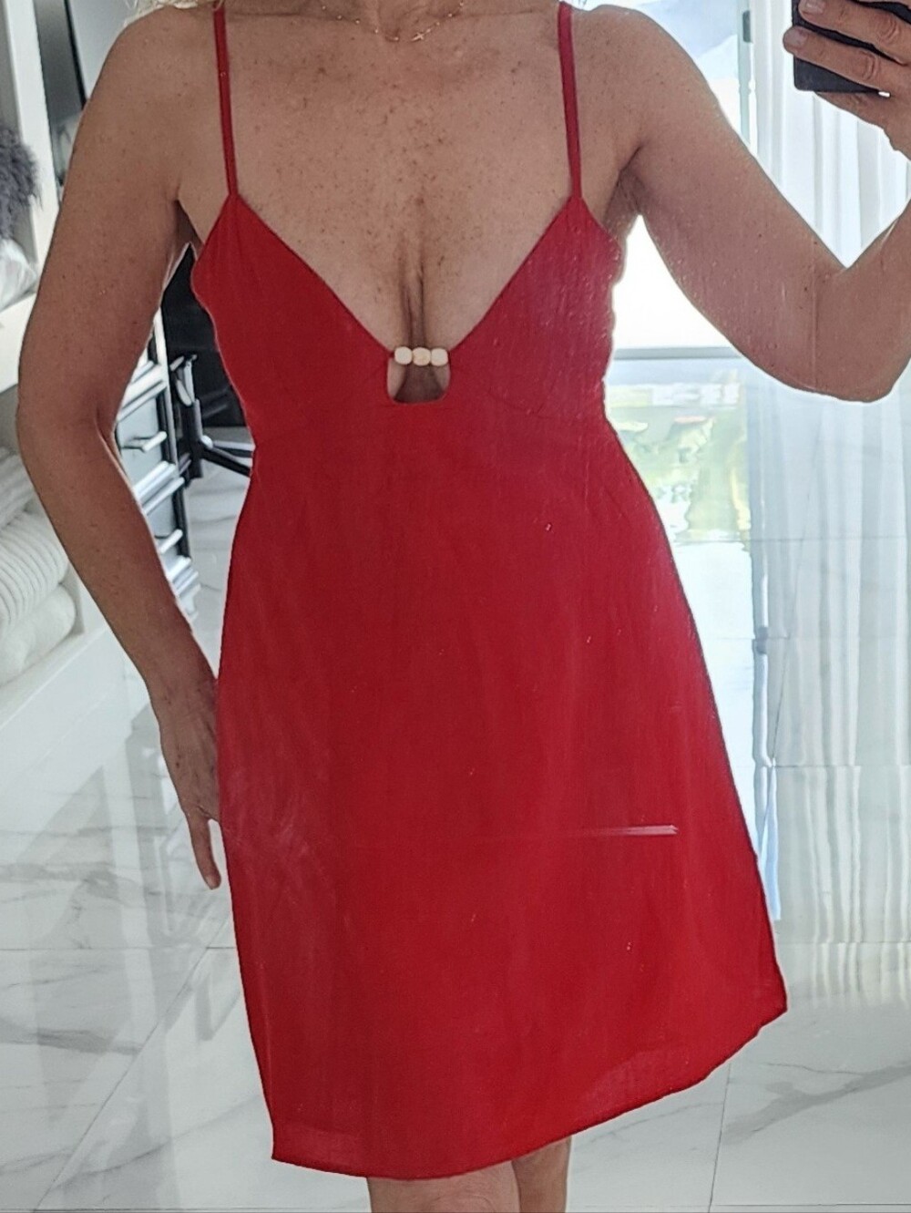 Red Spaghetti Strap Mini Dress with Bead Accent
